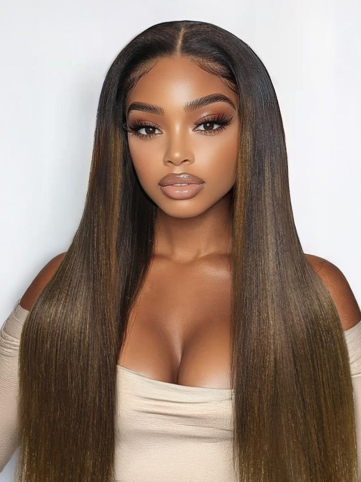 UNice Bye-Bye Knots 7x5 Lace Black to Chestnut Brown Ombre Yaki Straight Wig With Invisi Drawstring & Loose Wave Wig