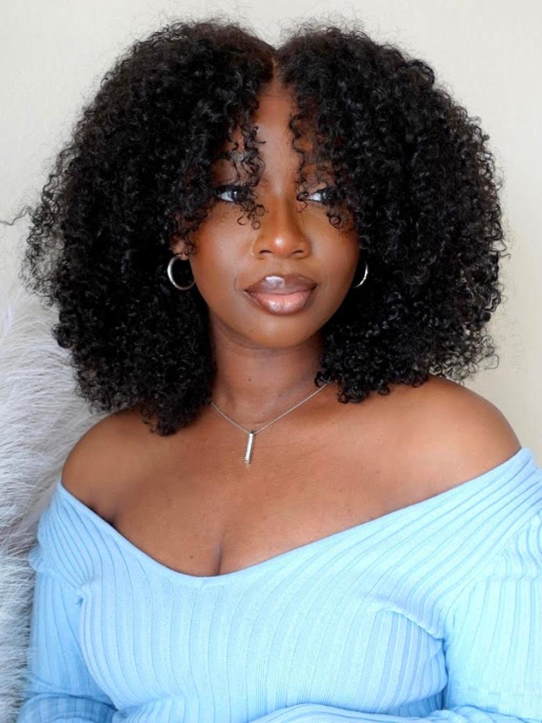 UNice 7x5 Bye Bye Slip? Lace Natural Black Afro Kinky Curly with Finger Coil Ends Drawstring Wig 180% Density