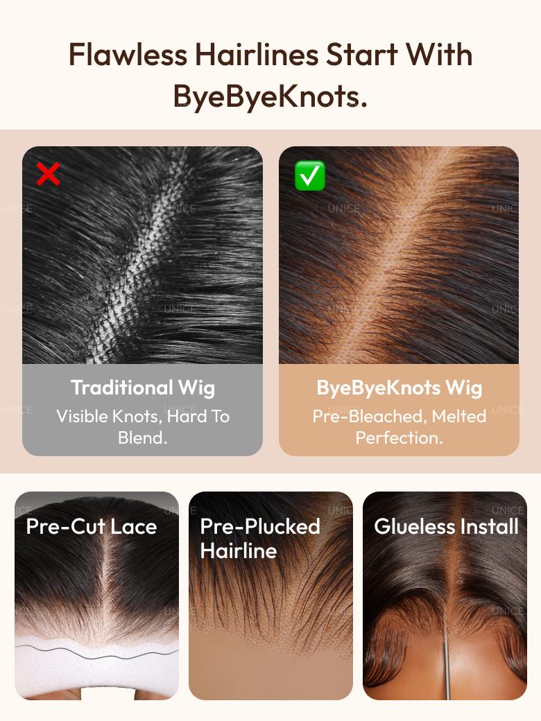 UNice 7x5 Bye Bye Knots Wig Glueless Lace 150% density Flattering Sun-Kissed Warm Tones Cherry wood Body Wave Bleached Knots Wig